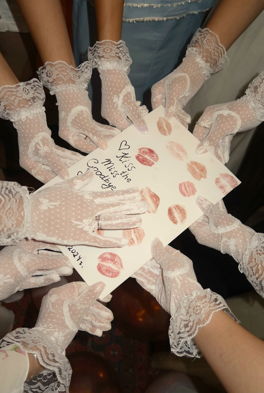 Lánybúcsú pillanat – csipke kesztyűk és Kiss the Miss Goodbye kártya